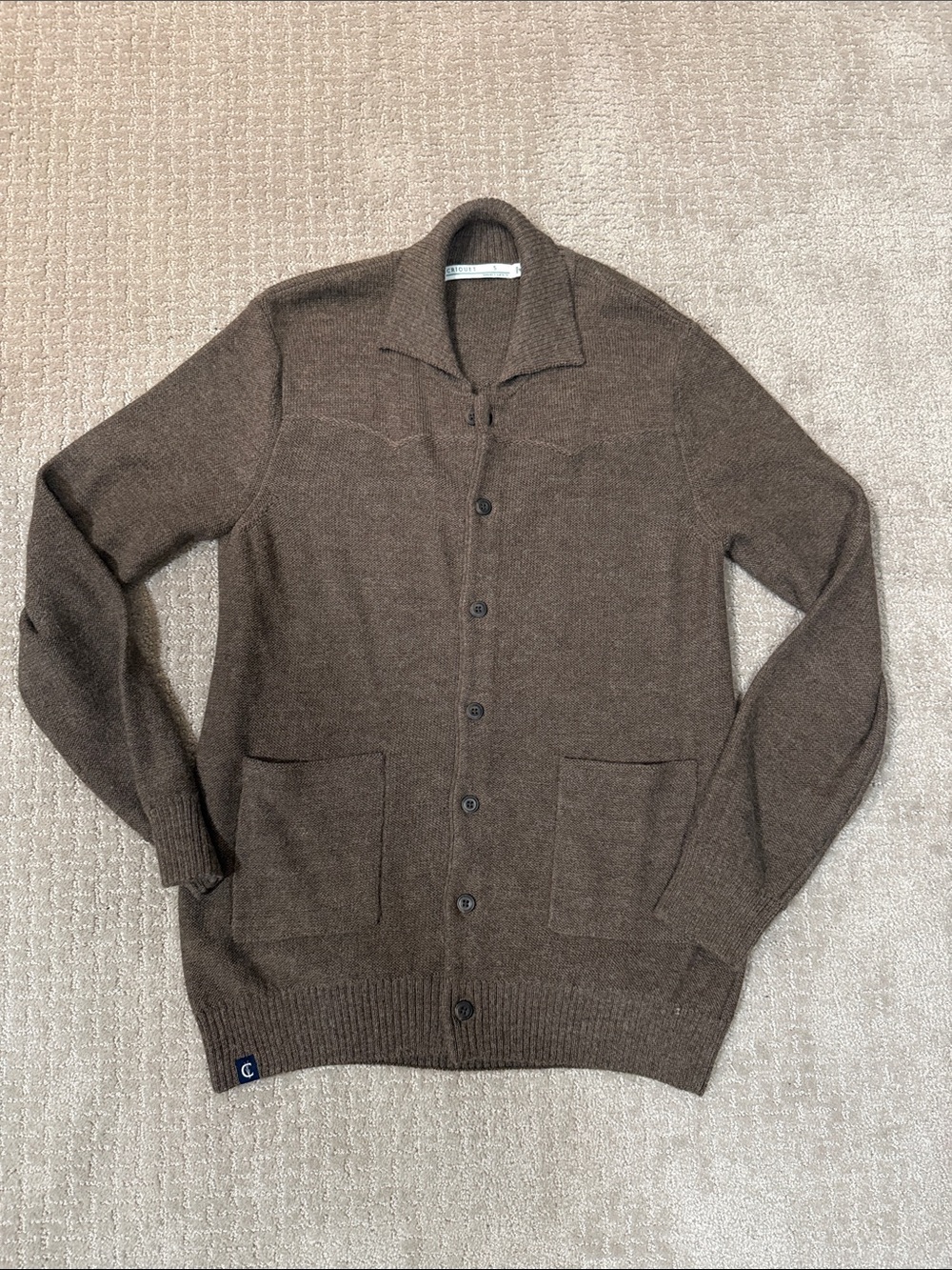 Criquet 100% Baby Alpaca Button Front Western Cardigan in taupe brown